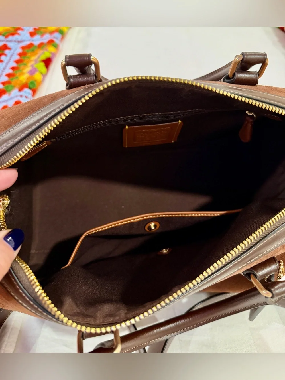 Coach Brown Suede Leather Top-Handle Satchel with Dark Brown Trim
